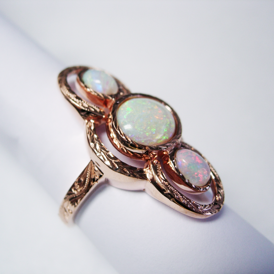 14K rose gold with opals, antique scroll design