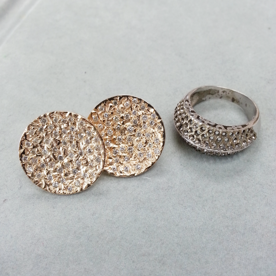 14K yellow gold diamond ring, now diamond earrings