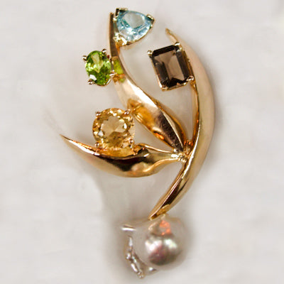 14K yellow gold with blue topaz, peridot, smoky quartz, citrine and Akoya baroque pearl